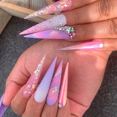 Beautiful long stiletto unicorn nails set for inspiration!