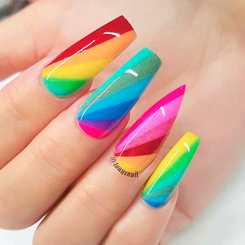 Cute Rainbow Unicorn Nails Coffin Shaped with Accent Stiletto Nail Design!