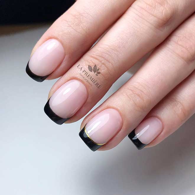 Cute black square french tip nails with accent black and gold double french tip nail!