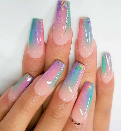 Cute holographic unicorn nails coffin shaped design, unicorn nails holographic set!