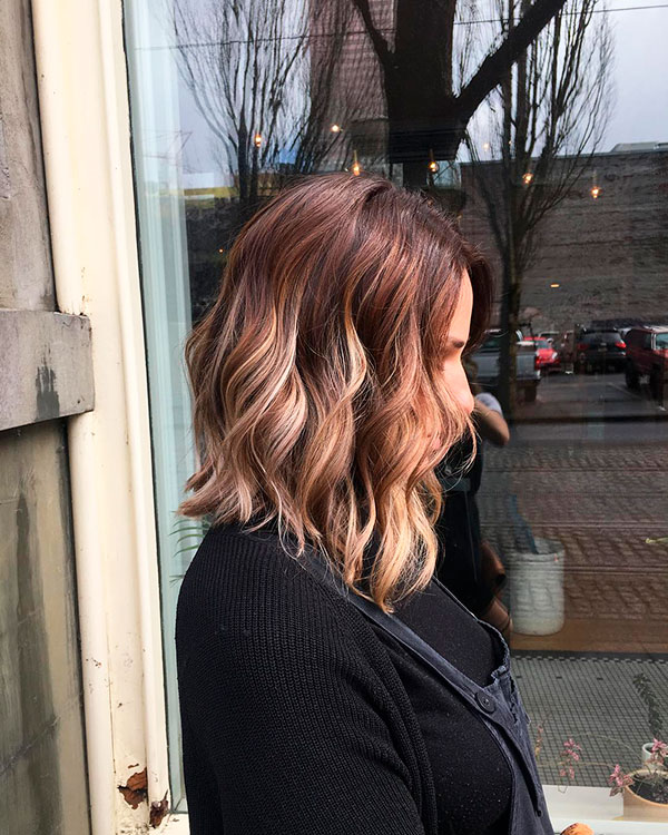 Cute long layered lob caramel balayage hair