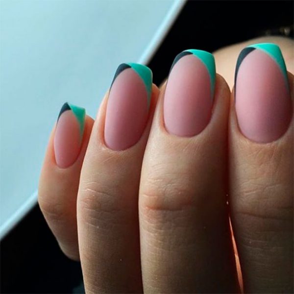 Cute mint and black modern matte coffin french tip nails with design
