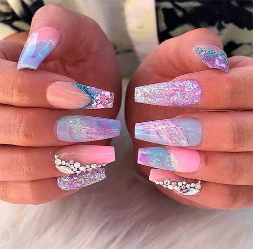 Cute unicorn nails coffin shape with glitter and rhinestones!