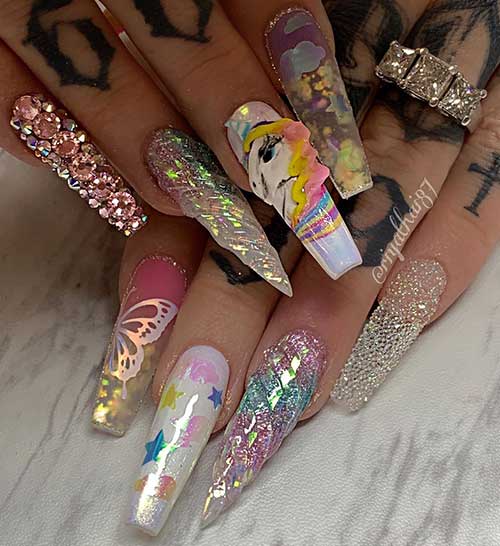 Cute unicorn nails long with foil, glitter, and rhinestones design!