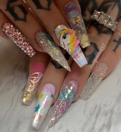 Cute unicorn nails long with foil, glitter, and rhinestones design! Cute unicorn nails long with foil, glitter, and rhinestones design!