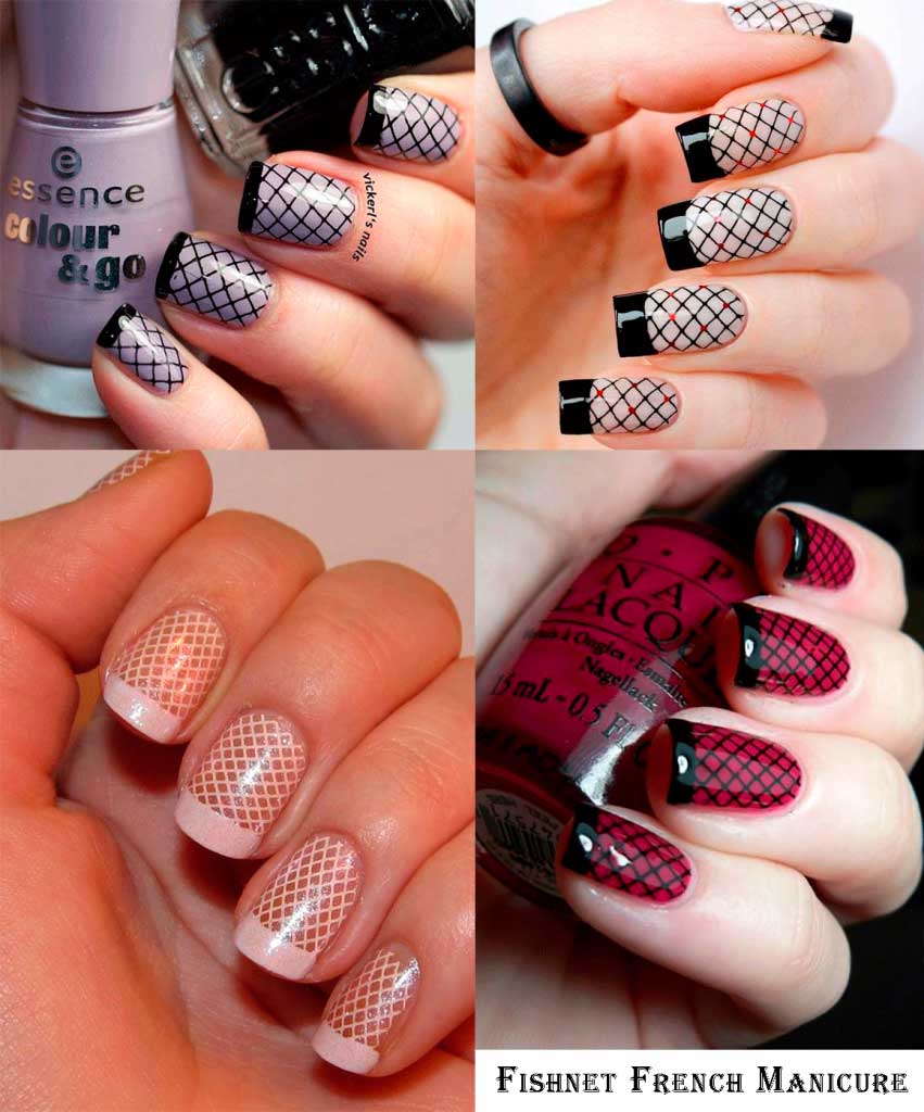 fishnet french tip nail designs in different nail colors