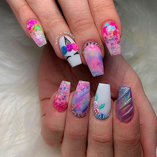 Gorgeous unicorn coffin nails, you will love them!