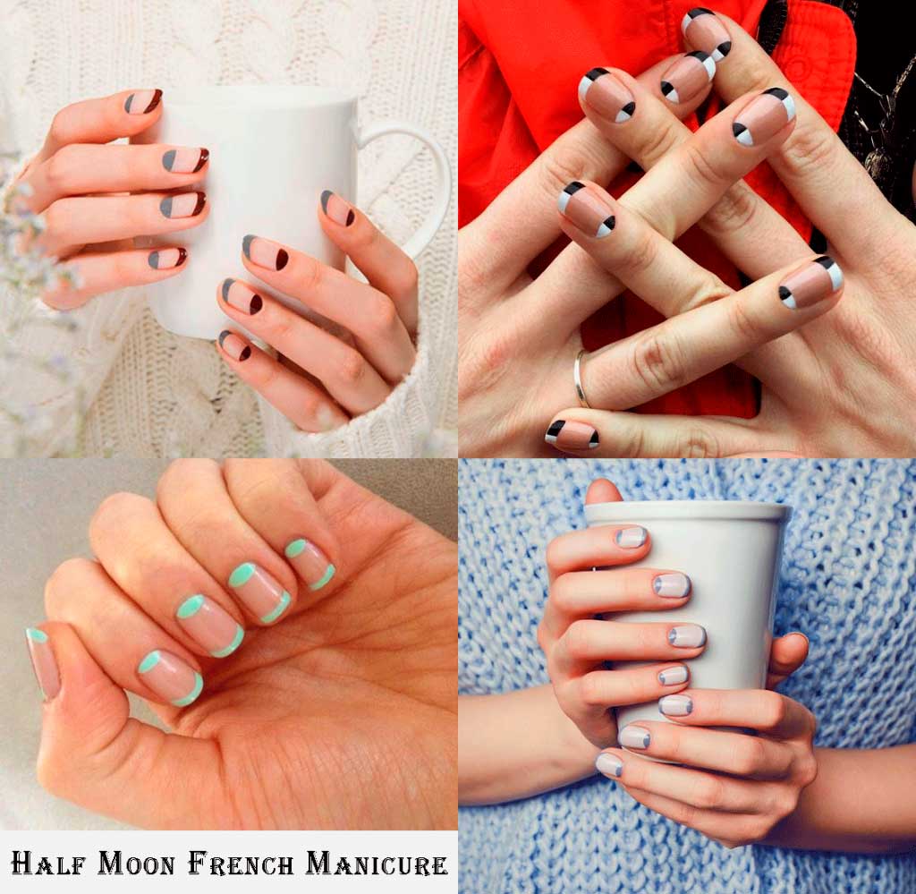 Half moon french tip nail designs with different nail colors