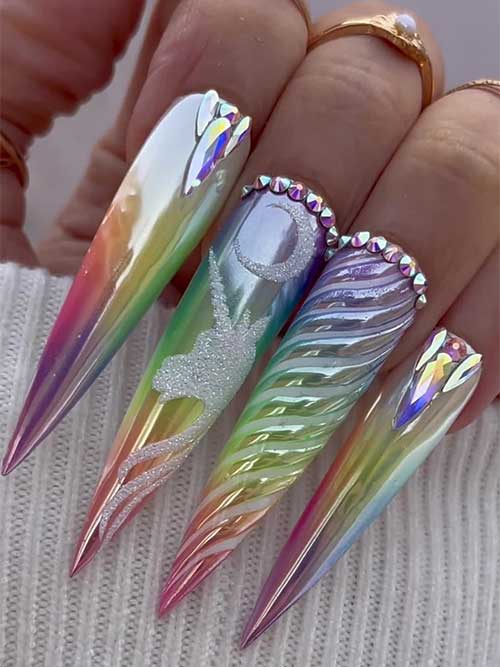 Long Stiletto Unicorn Nail Design with Rhinestones