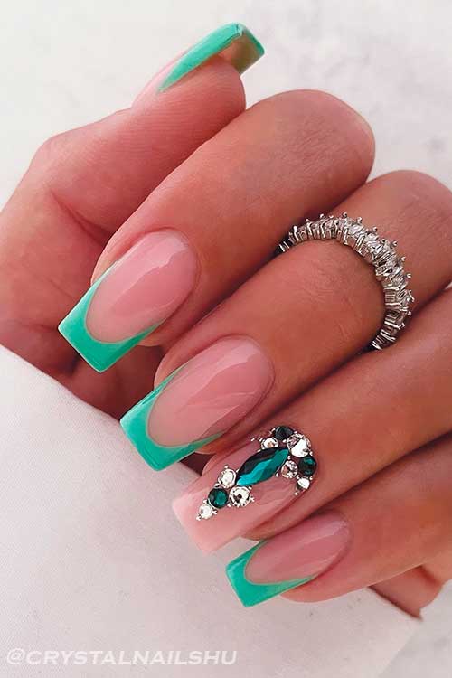 Medium Square Shaped Mint Green Modern French Manicure with Rhinestones on Accent Nude Pink Nail