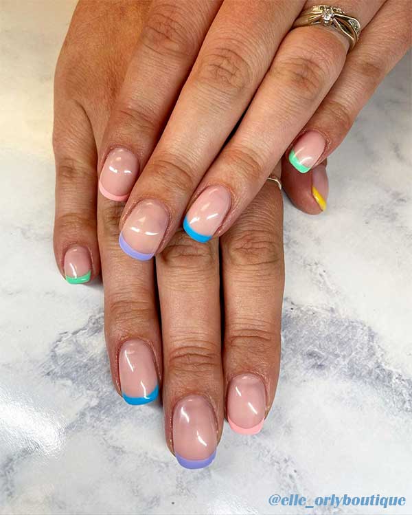 Lovely colorful round short French tip nails design