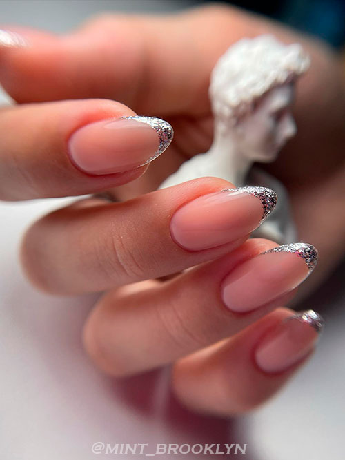 Silver Glitter Almond French Tip Nails