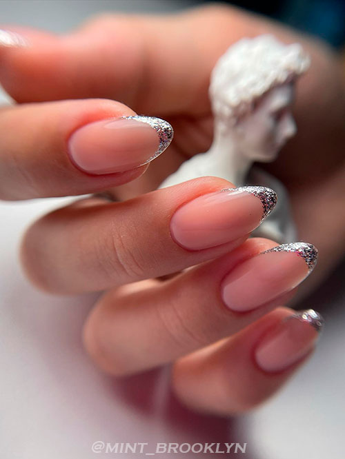 Silver Glitter Almond French Tip Nails Silver Glitter Almond French Tip Nails