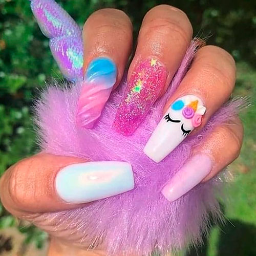 So beautiful long coffin shaped unicorn nails!