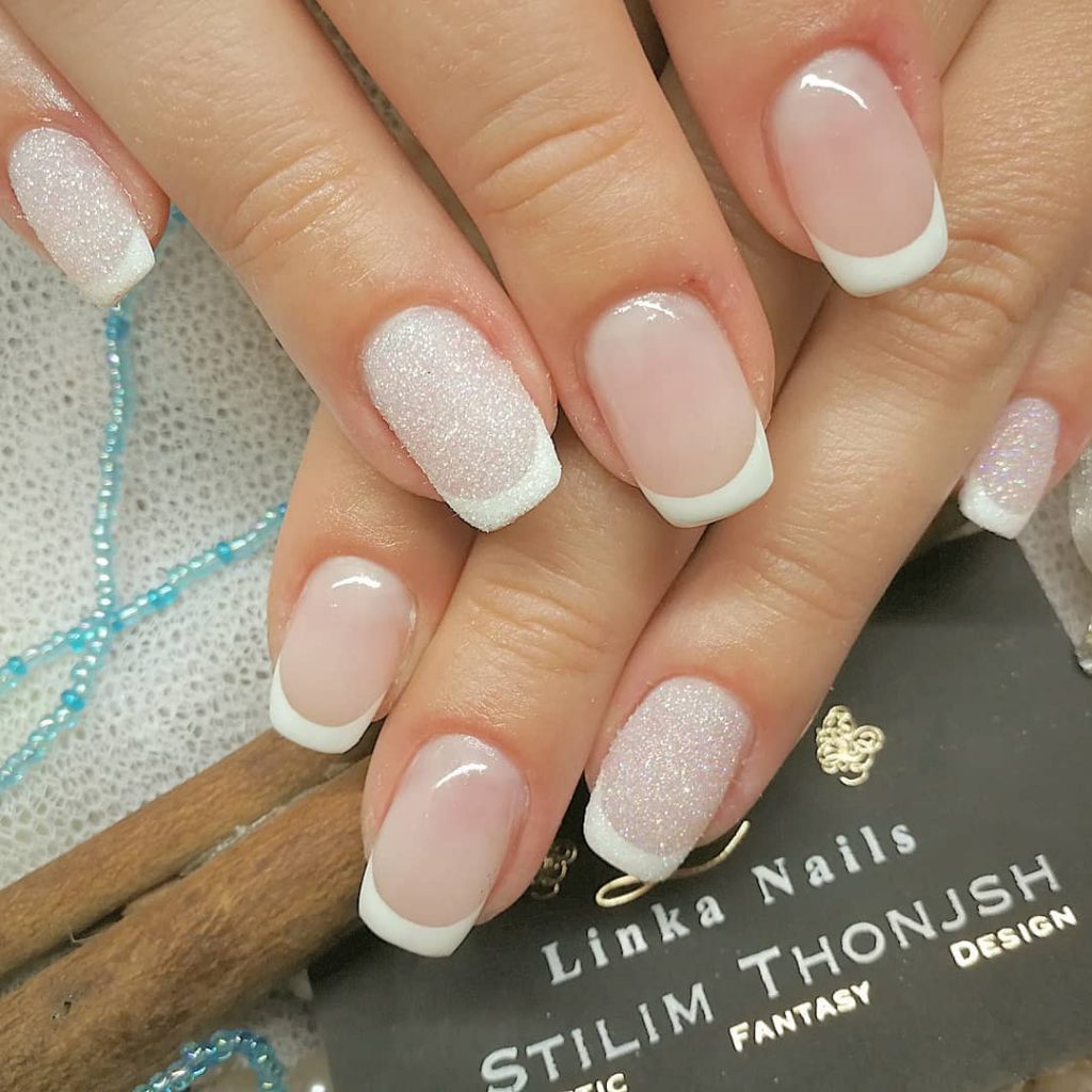 Stunning Square Short French Tip Nails With Glitter on Accent Nail