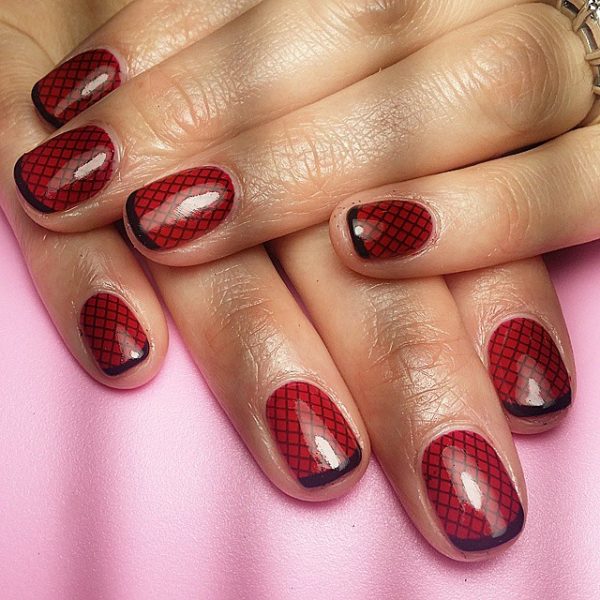 Stunning Red and black Fishnet short french tip nails