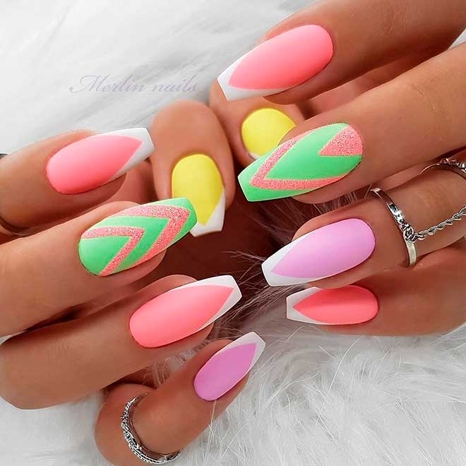 Stunning matte colorful french nails coffin shape design! Stunning matte different color french tip nails