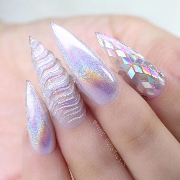 What a beautiful stiletto unicorn nails design!
