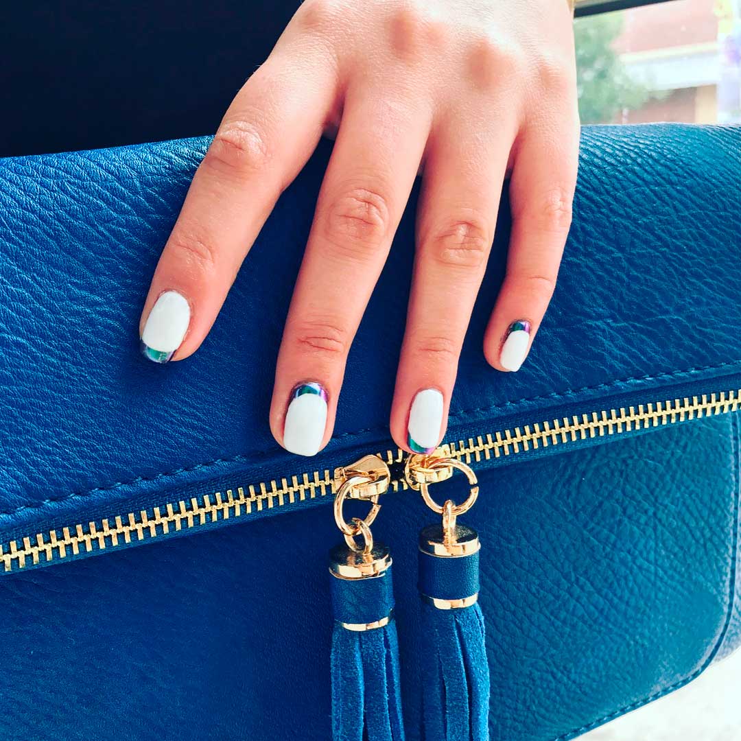 1.4 - Chic French Manicure Nail Art with Chrome Powder Short blue chrome french tip nails