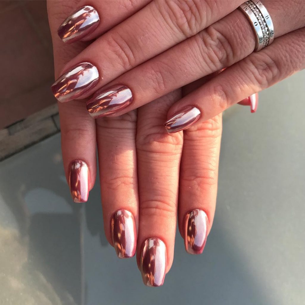 Beautiful Rose Gold Chrome Coffin Nails