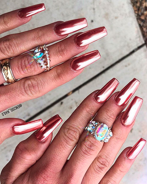 Beautiful coffin shaped rose gold chrome nails