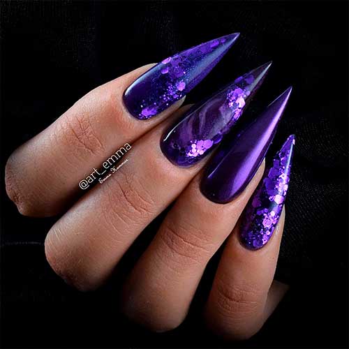 Cute purple chrome stiletto nails with glitter for inspiration! Cute long stiletto shaped purple chrome nails with glitter for inspiration