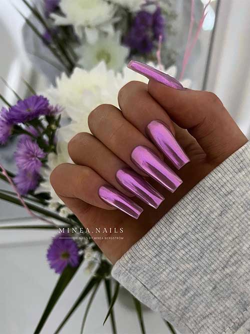 Lustrous Long square purple chrome nails 2023