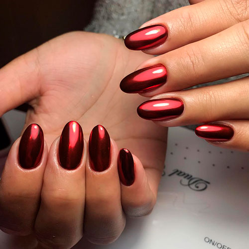 Perfect red chrome round nails Perfect round shaped red chrome nails