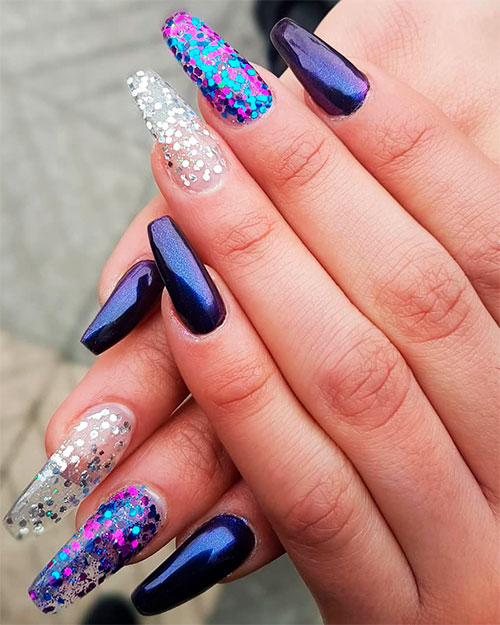 Long coffin shaped purple chrome nails with silver glitter nail and colorful glitter nail