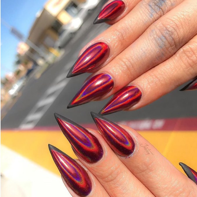 Stunning Red Holographic Almond Chrome Nails