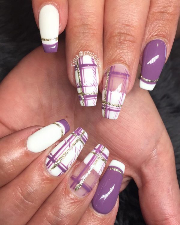 Amazing purple & white coffin nails art design