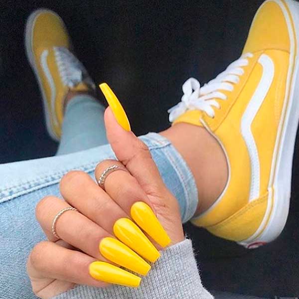 Amazing glossy yellow acrylic nails coffin shaped set