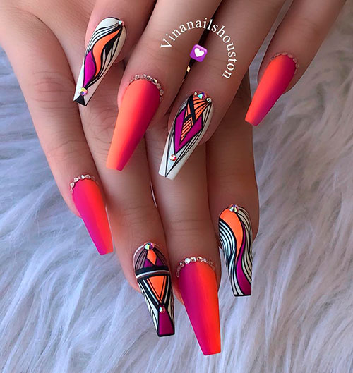 Amazing orange, purple, and white coffin shaped nails design!