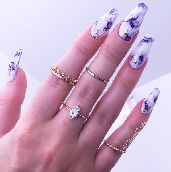 purple marble coffin nails with gold rhinestones