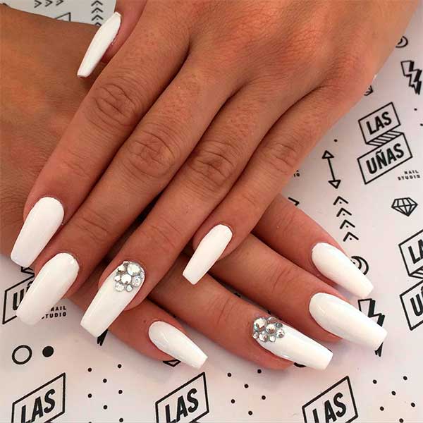 Amazing white coffin nails with rhinestones