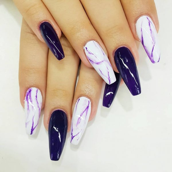 Purple Marble Coffin Nails with dark purple coffin nails