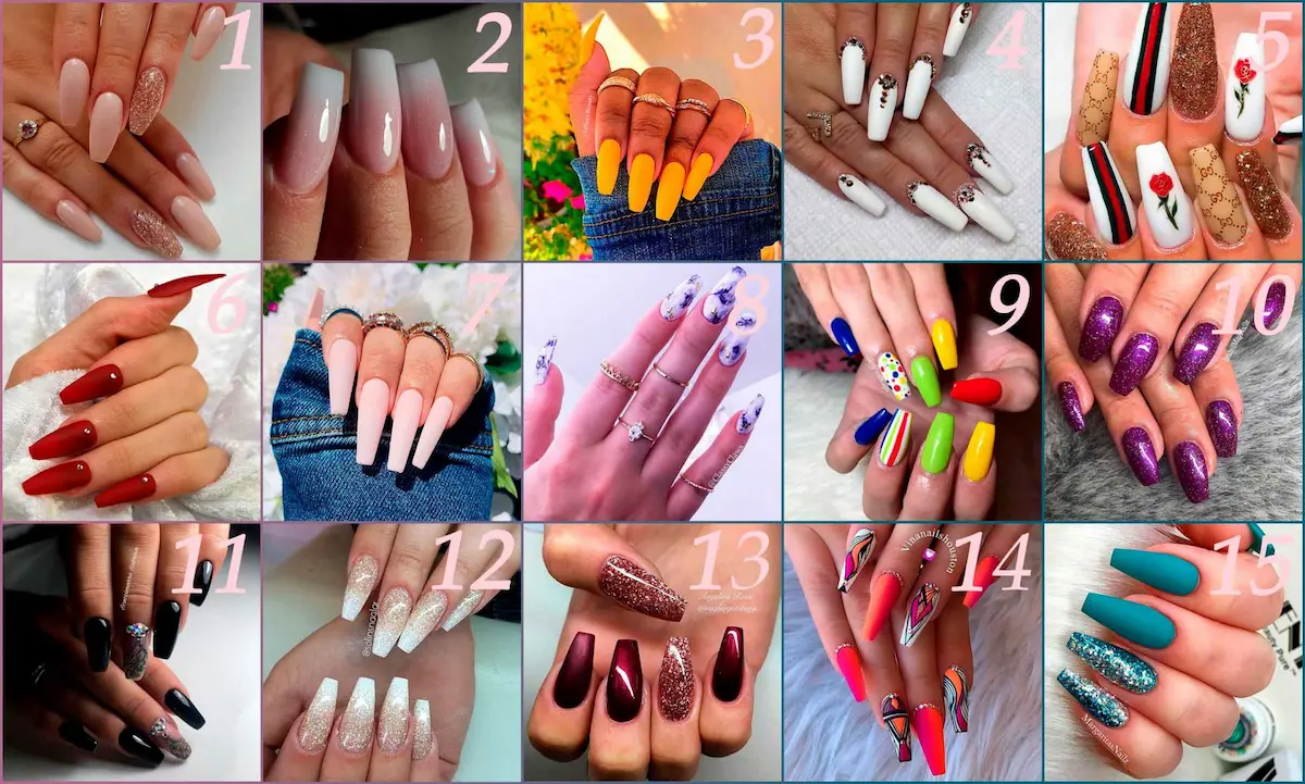 A collage of 15 different coffin nails designs featuring various colors and finishes, including matte teal, glittery burgundy, ombre gradients, and floral nail art.