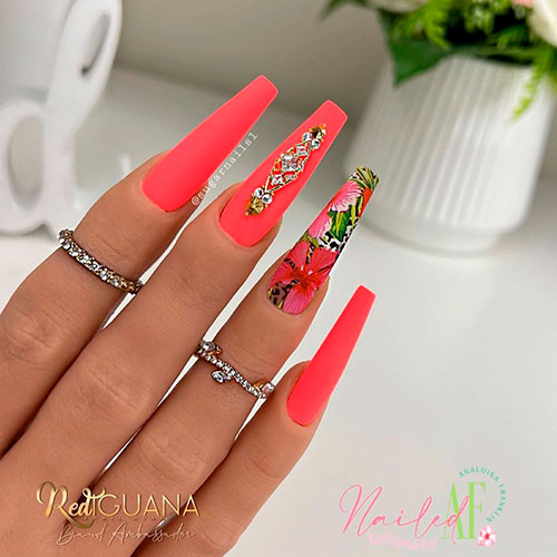 Long Bright Coral Coffin Nails with Rhinestones and Floral Accent - Coral coffin nail designs