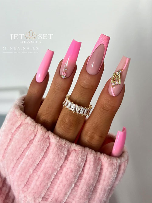 Cute coffin Barbie pink nails with a French ombre accent nail, a glitter French tip, and a swirl accent nail with rhinestones Cute coffin Barbie pink nails with a French ombre accent nail, a glitter French tip, and a swirl accent nail with rhinestones