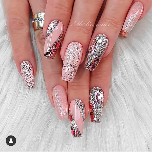 Cute coffin nails consists of gold Pink nude coffin nails with silver glitter design!