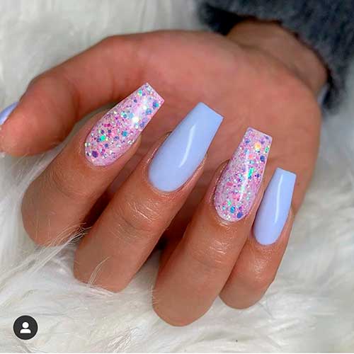 Cute light blue coffin nails with glitter set!