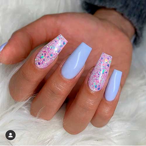 Cute light blue coffin nails with glitter set! Cute light blue coffin nails with glitter set!