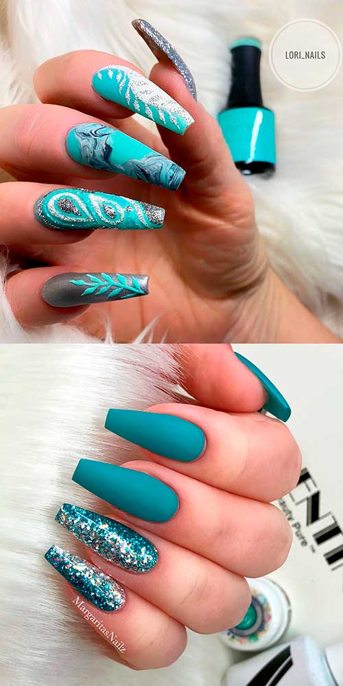 Cute matte coffin nails ideas between mint green and teal colors for inspiration!