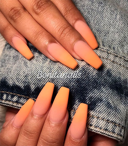 Long matte ombre orange cute coffin shaped nails