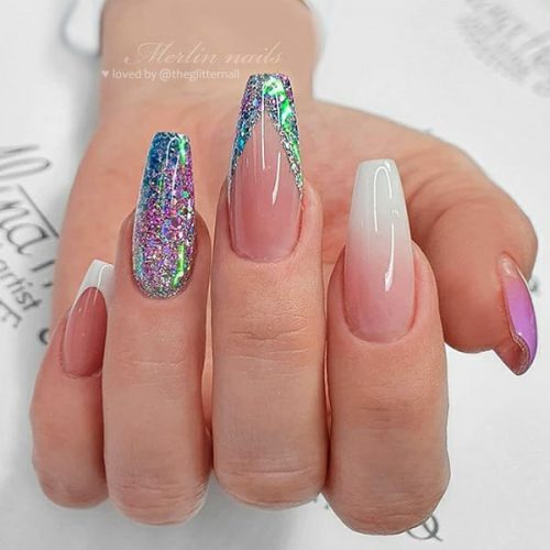 Cute mixed color coffin nails between colorful glitter, nail art french v glitter tip, white v shaped french nail, French ombre nail, and purple ombre nail design! Cute mixed color coffin nails between colorful glitter, nail art french v glitter tip, white v shaped french nail, French ombre nail, and purple ombre nail design!