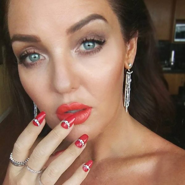 Elegant red coffin nails with silver rhinestones!