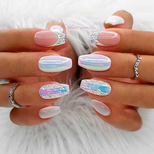 Gorgeous Aurora Ice glitter nails coffin shape with white coffin nails design!