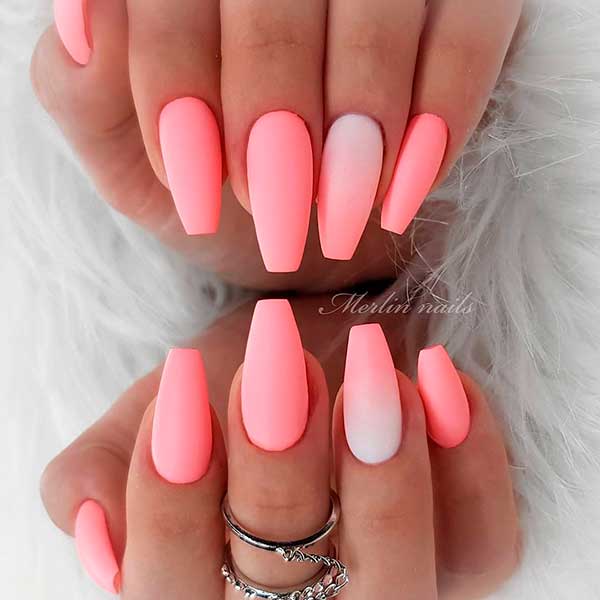 Gorgeous baby pink coffin nails matte with accent light pink ombre nail design!