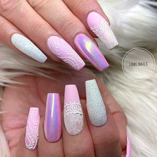 Gorgeous pink coffin nails with glitter and chrome accent nails design!