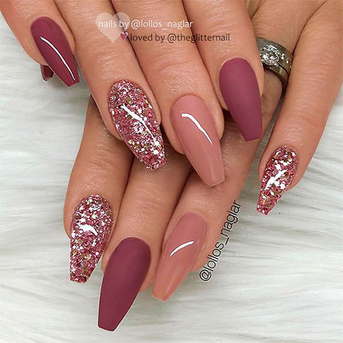 Matte and glossy Burgundy (Bordeaux Shade), Nude and Glitter on Coffin Nails